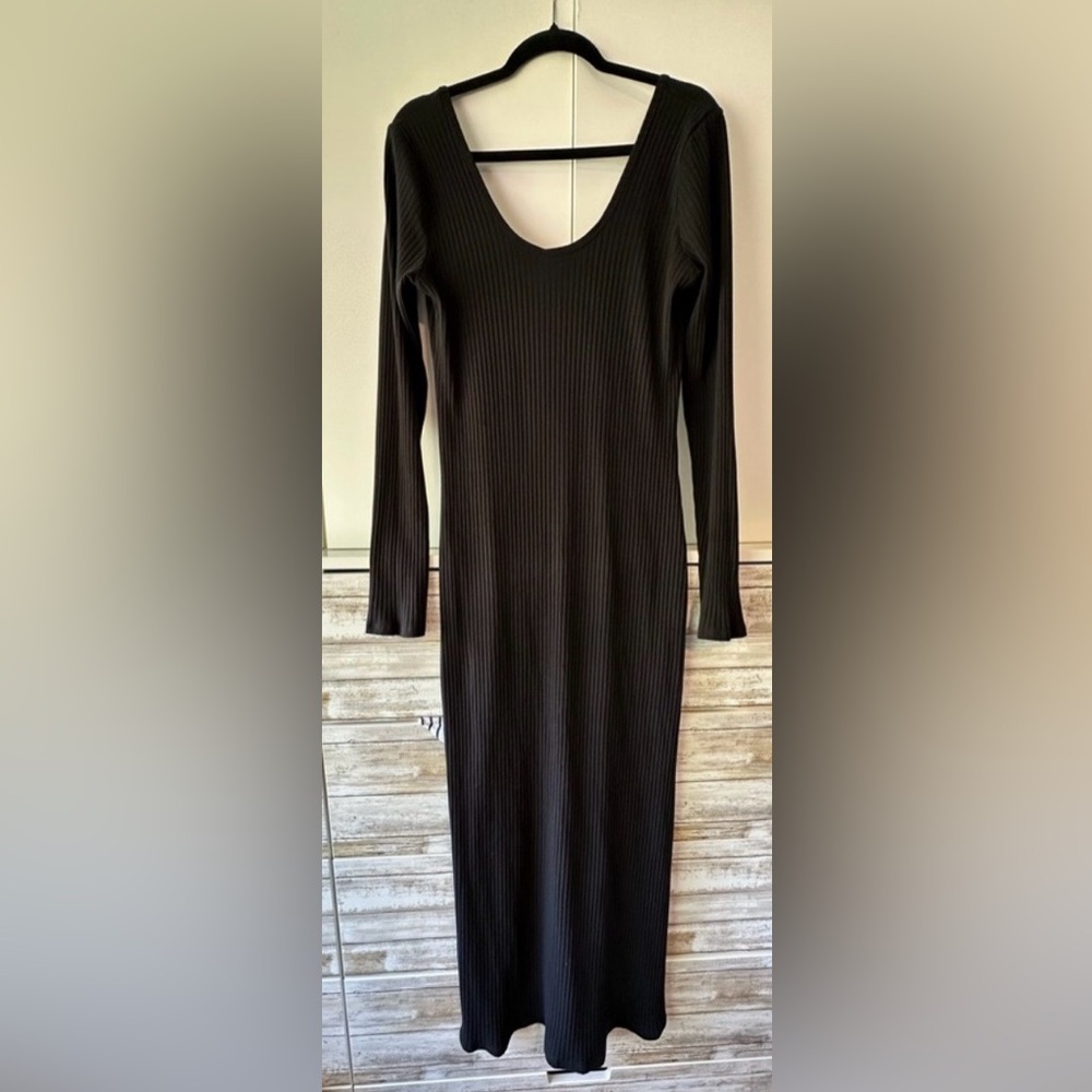 🖤 American Eagle Black Ribbed Maxi Dress XL Long Sleeve Side Slit Stretch